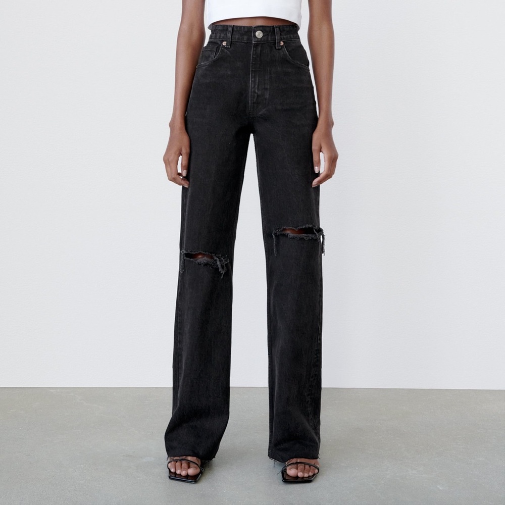 ZARA wide leg jeans black distressed